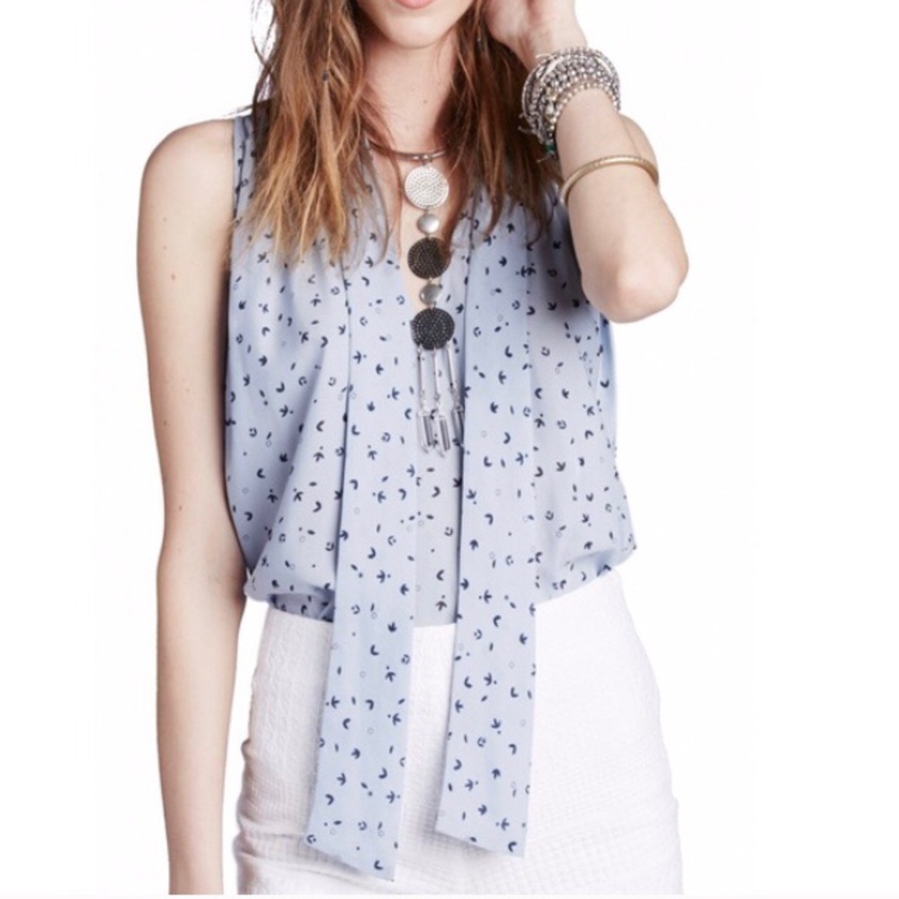 Free people tie neck blue printed floral top